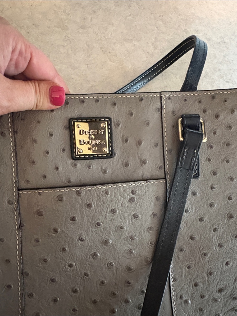 Dooney & Bourke Silver Ostrich-Embossed Tote with Black Straps - Picture 4 of 7